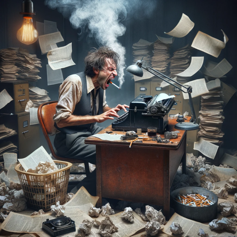 auteur assis à son bureau, dans une pièce sombre qui ressemble à une bibliothèque. L'homme fume et crie, il tape à la machine et s’énerve. Des feuilles volent autour de lui, sans doute jetées de rage par lui-même.